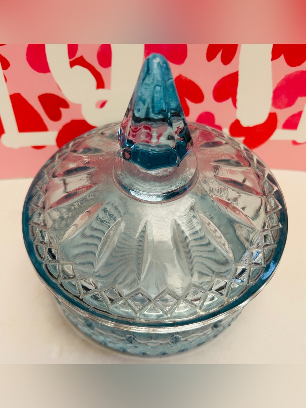 Candy dish by Indiana glass in ice blue color, diamond point pattern.